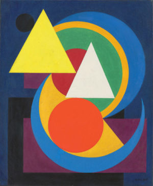 Peinture de l'exposition Auguste Herbin représentant des formes géométriques colorées.