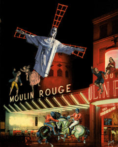 Collage artistique de Jacques Prévert représentant le Christ sur le Moulin Rouge